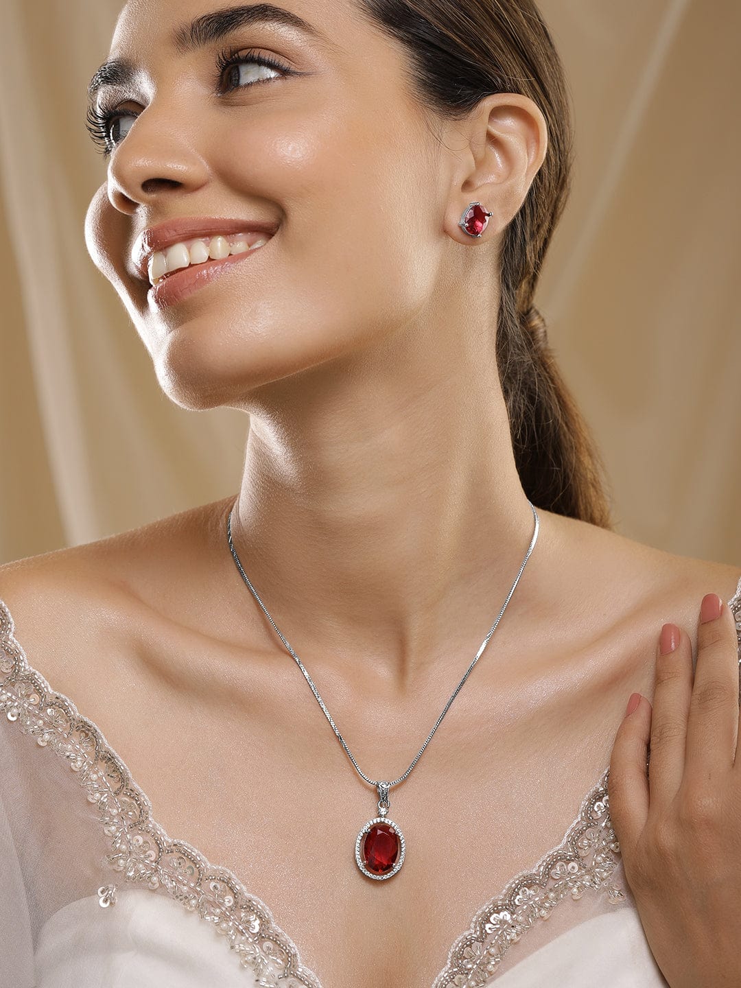 Rhodium-Plated Ruby & CZ Studded Oval Pendant Necklace Set Necklaces, Necklace Sets, Chains & Mangalsutra