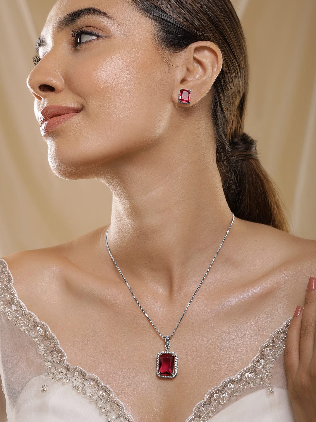 Rhodium-Plated Ruby & CZ Studded Pendant Necklace Set Necklaces, Necklace Sets, Chains & Mangalsutra