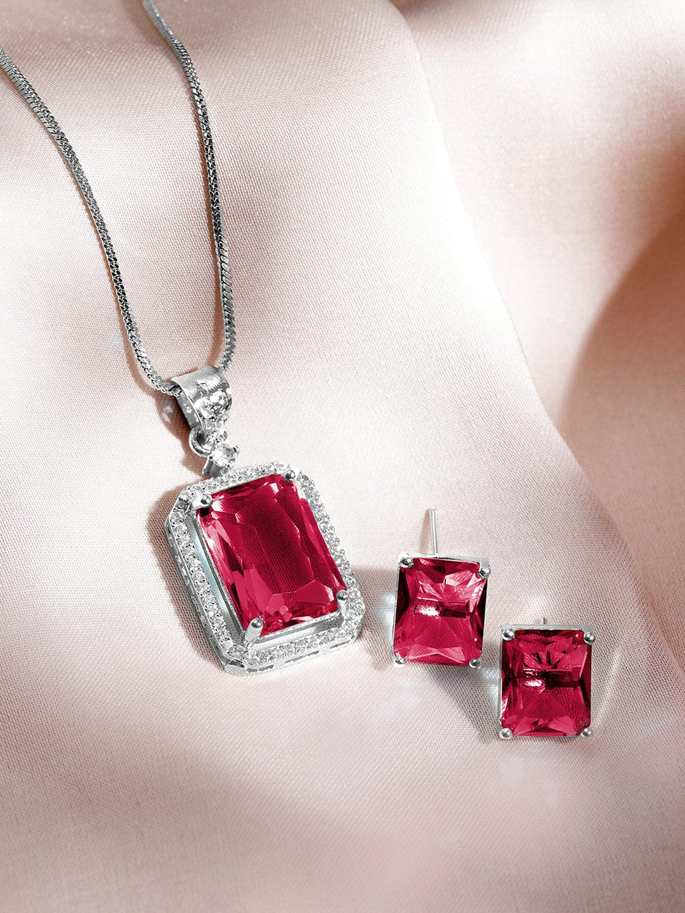 Rhodium-Plated Ruby & CZ Studded Pendant Necklace Set Necklaces, Necklace Sets, Chains & Mangalsutra