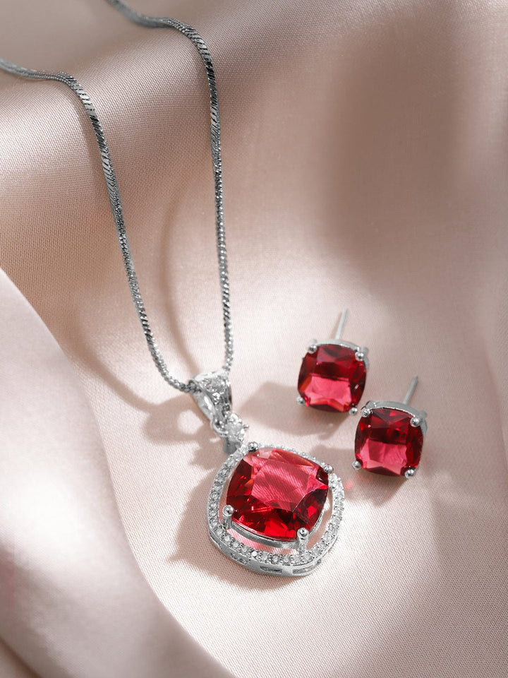 Rhodium-Plated Ruby & CZ Studded Pendant Necklace Set Necklaces, Necklace Sets, Chains & Mangalsutra