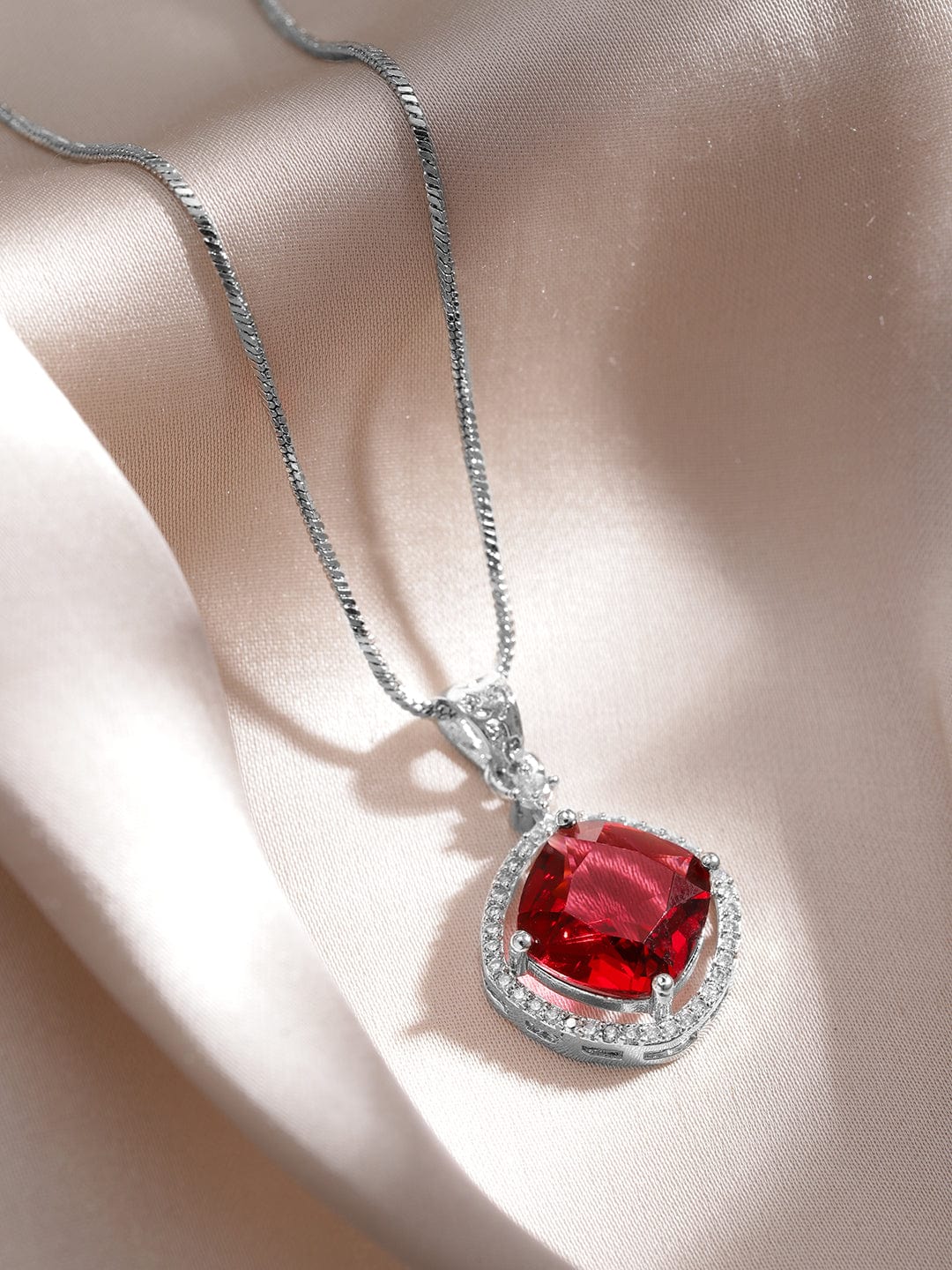 Rhodium-Plated Ruby & CZ Studded Pendant Necklace Set Necklaces, Necklace Sets, Chains & Mangalsutra