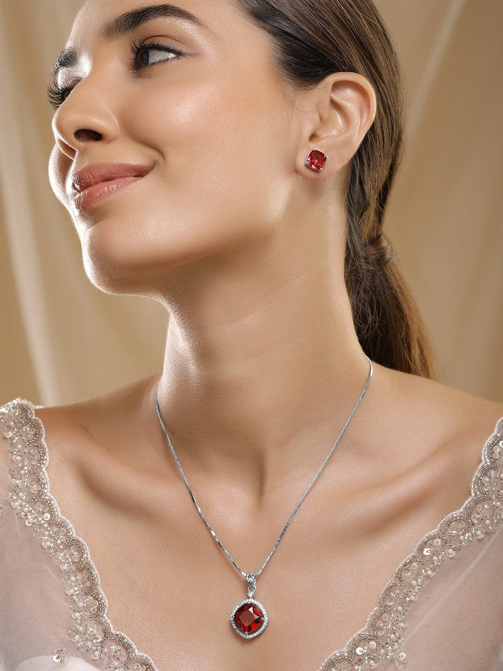 Rhodium-Plated Ruby & CZ Studded Pendant Necklace Set Necklaces, Necklace Sets, Chains & Mangalsutra