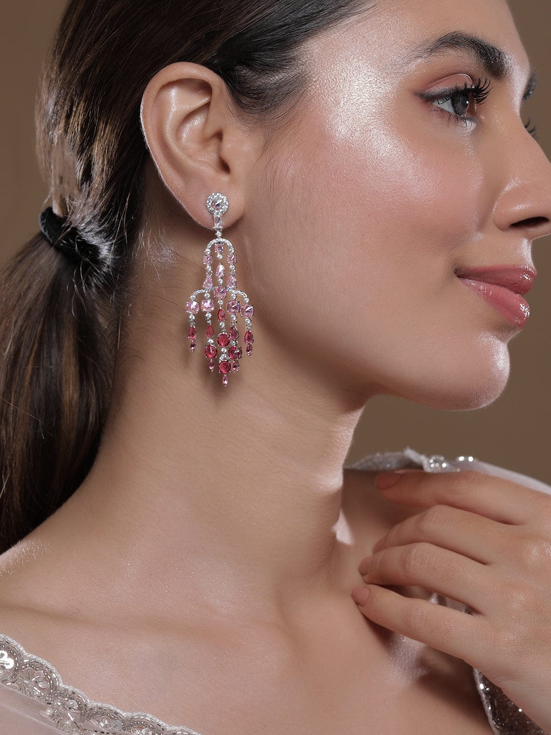 Rhodium-Plated Ruby Light Pink & Dark Pink AD & Cubic Zirconia Studded Chandelier Earrings Chandbalis