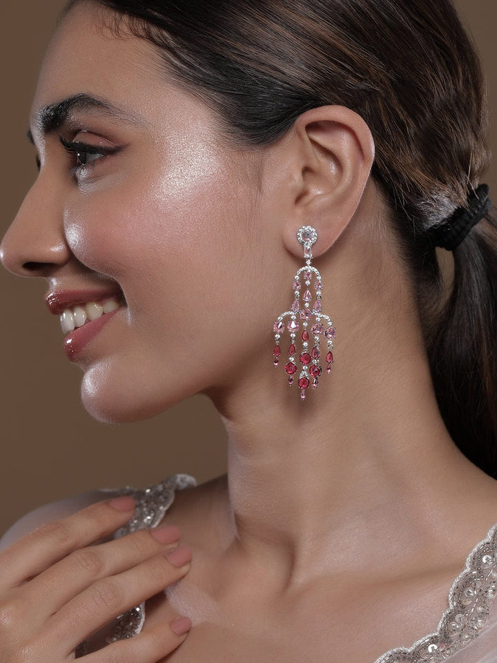 Rhodium-Plated Ruby Light Pink & Dark Pink AD & Cubic Zirconia Studded Chandelier Earrings Chandbalis