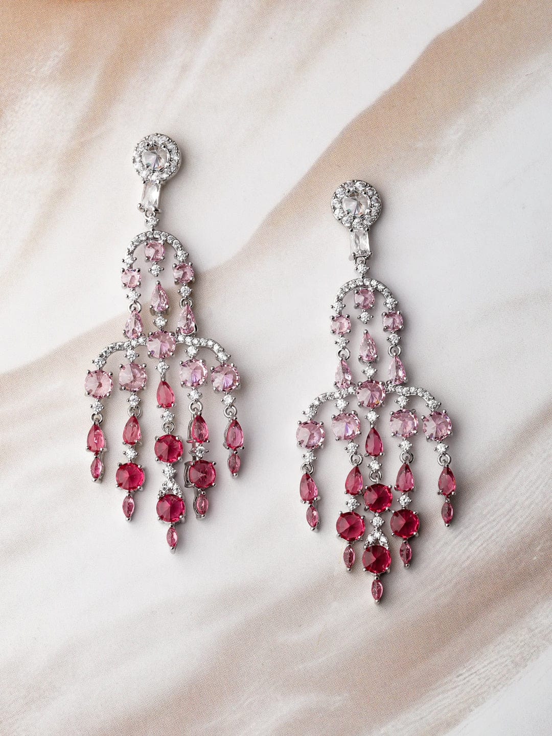 Rhodium-Plated Ruby Light Pink & Dark Pink AD & Cubic Zirconia Studded Chandelier Earrings Chandbalis