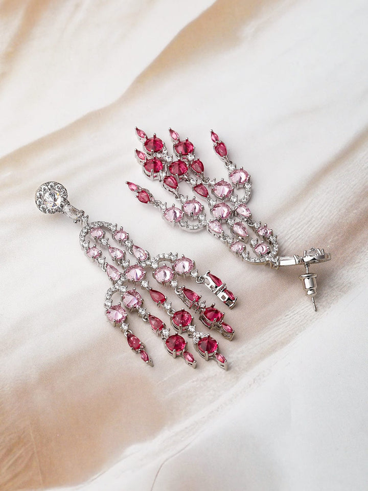 Rhodium-Plated Ruby Light Pink & Dark Pink AD & Cubic Zirconia Studded Chandelier Earrings Chandbalis