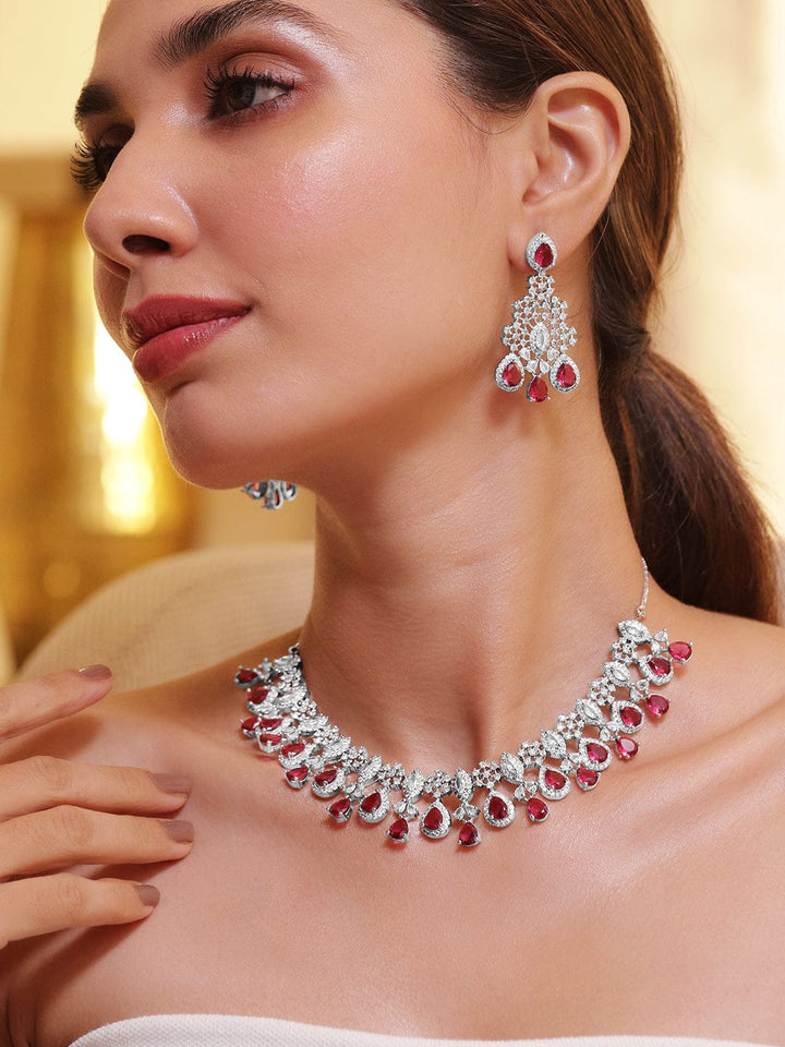 Rhodium-Plated Ruby Red and White Cubic Zirconia Studded Necklace Set Jewellery Set