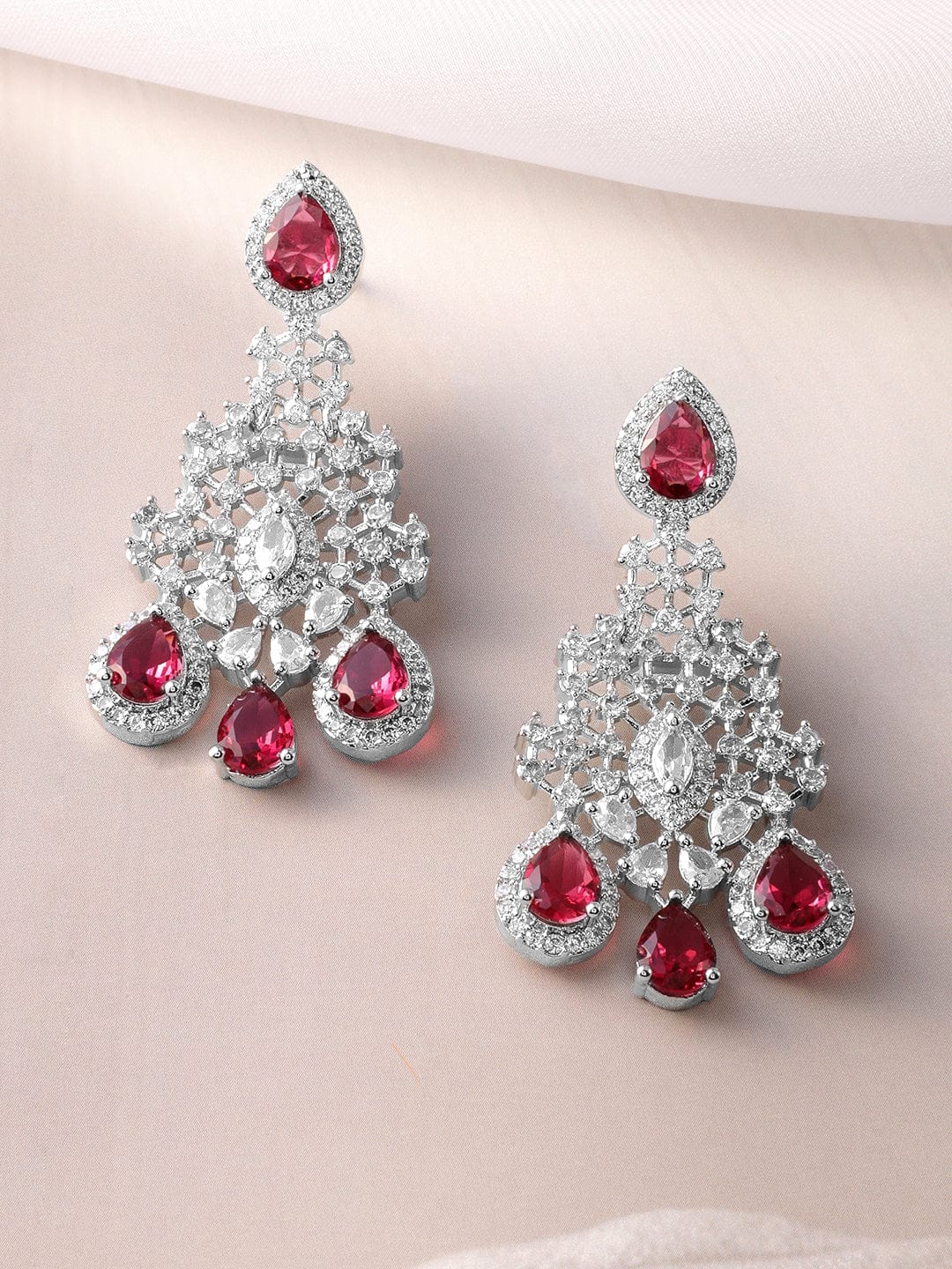 Rhodium-Plated Ruby Red and White Cubic Zirconia Studded Necklace Set Jewellery Set