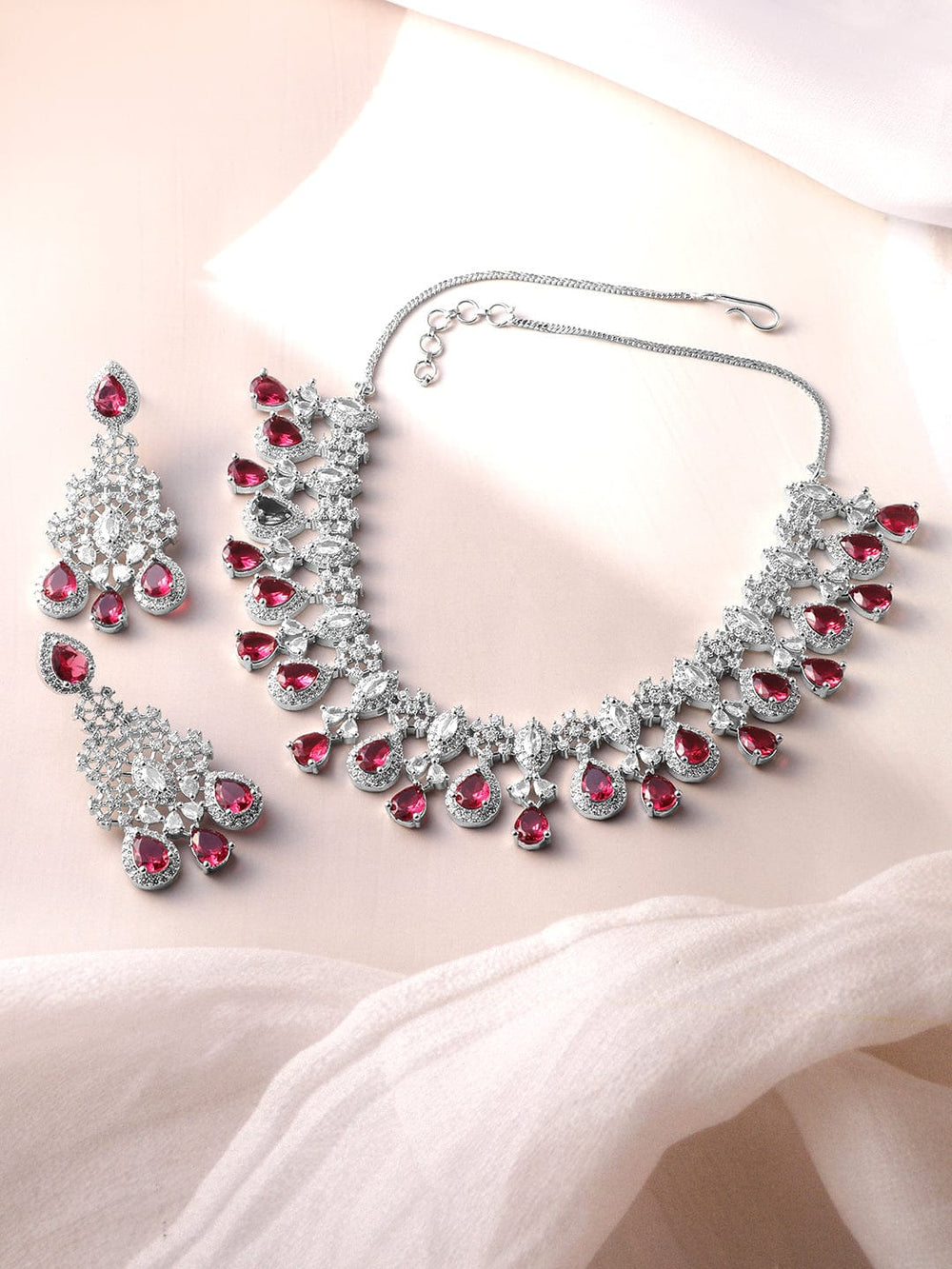 Rhodium-Plated Ruby Red and White Cubic Zirconia Studded Necklace Set Jewellery Set