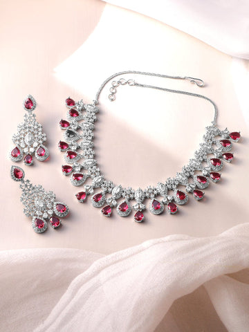 Rhodium-Plated Ruby Red and White Cubic Zirconia Studded Necklace Set Necklace Set