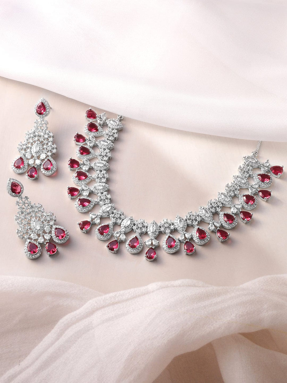 Rhodium-Plated Ruby Red and White Cubic Zirconia Studded Necklace Set Necklace Set