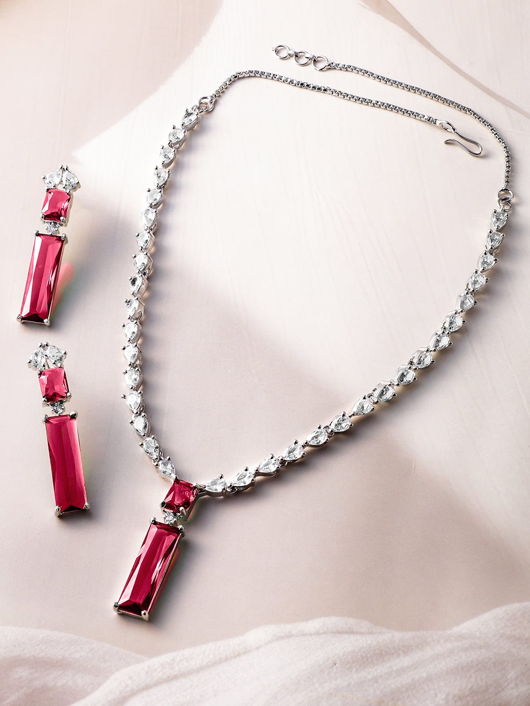 Rhodium-Plated Ruby Red and White Cubic Zirconia Studded Statement Necklace Set Necklace Set