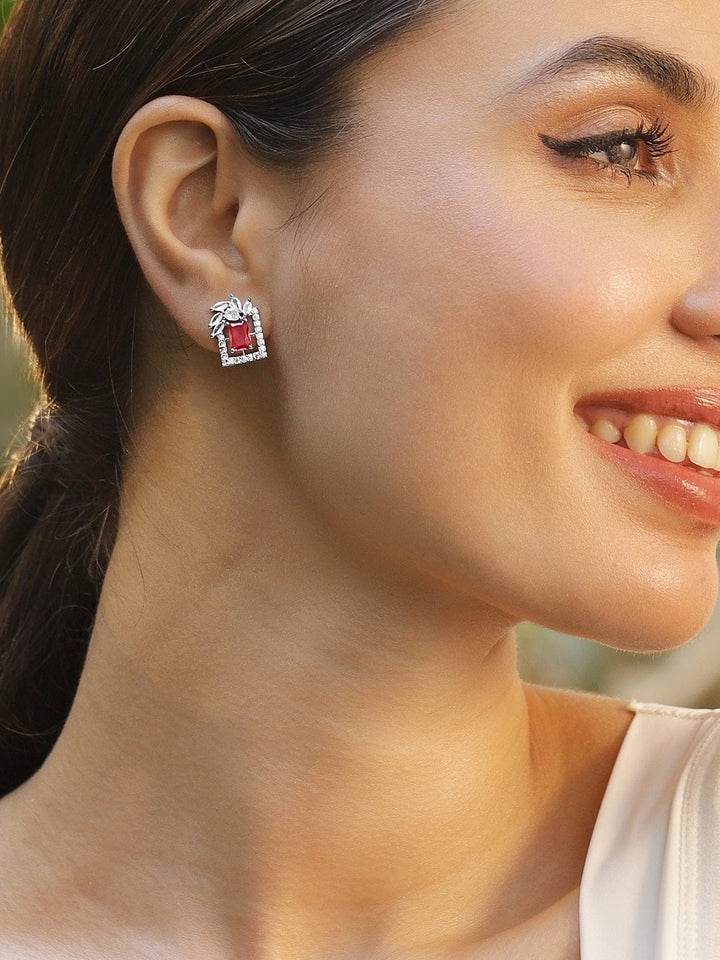 Rhodium Plated Ruby & White Cubic Zirconia Studded Geometric Stud Earrings Earrings