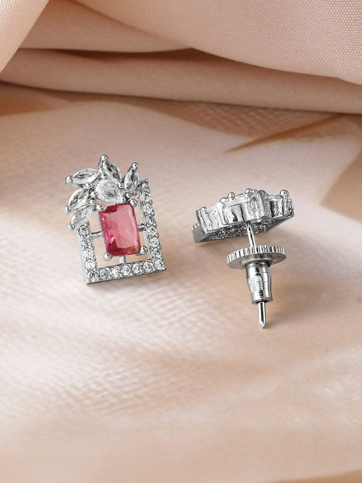 Rhodium Plated Ruby & White Cubic Zirconia Studded Geometric Stud Earrings Earrings