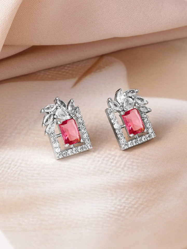 Rhodium Plated Ruby & White Cubic Zirconia Studded Geometric Stud Earrings Earrings