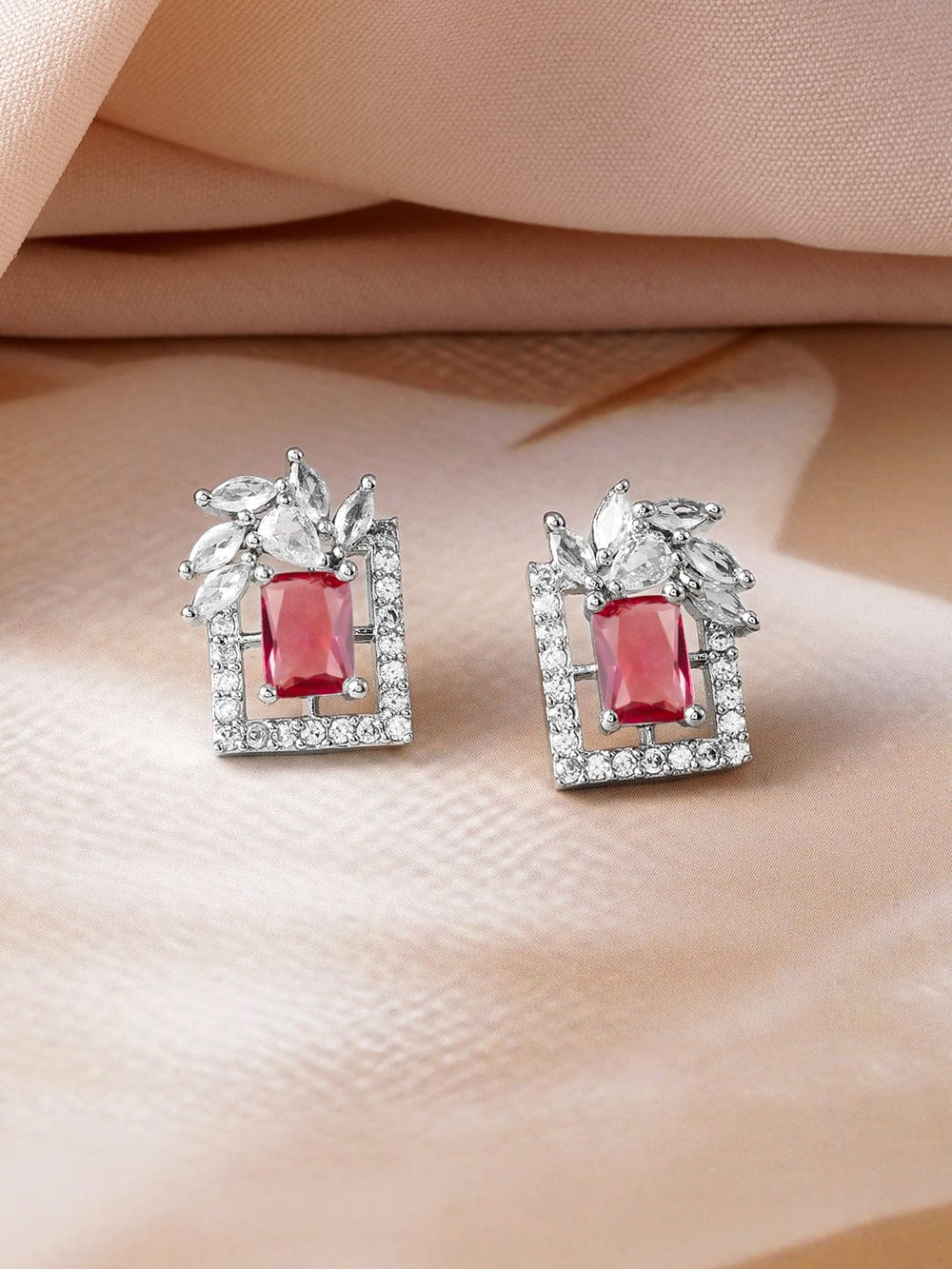 Rhodium Plated Ruby & White Cubic Zirconia Studded Geometric Stud Earrings Earrings
