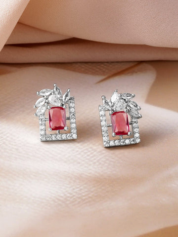 Rhodium Plated Ruby & White Cubic Zirconia Studded Geometric Stud Earrings Earrings