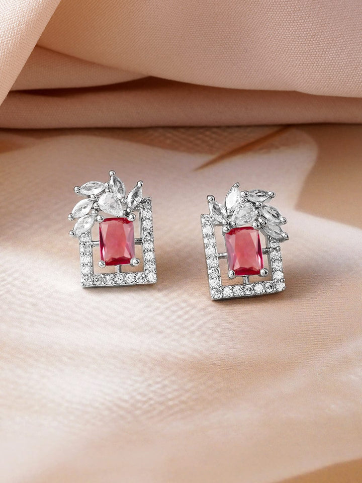 Rhodium Plated Ruby & White Cubic Zirconia Studded Geometric Stud Earrings Earrings