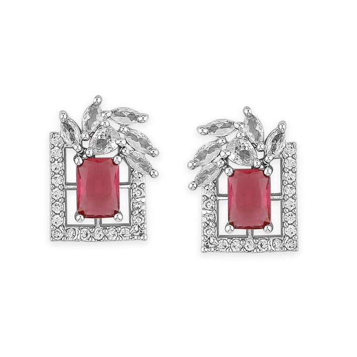 Rhodium Plated Ruby & White Cubic Zirconia Studded Geometric Stud Earrings Stud Earrings