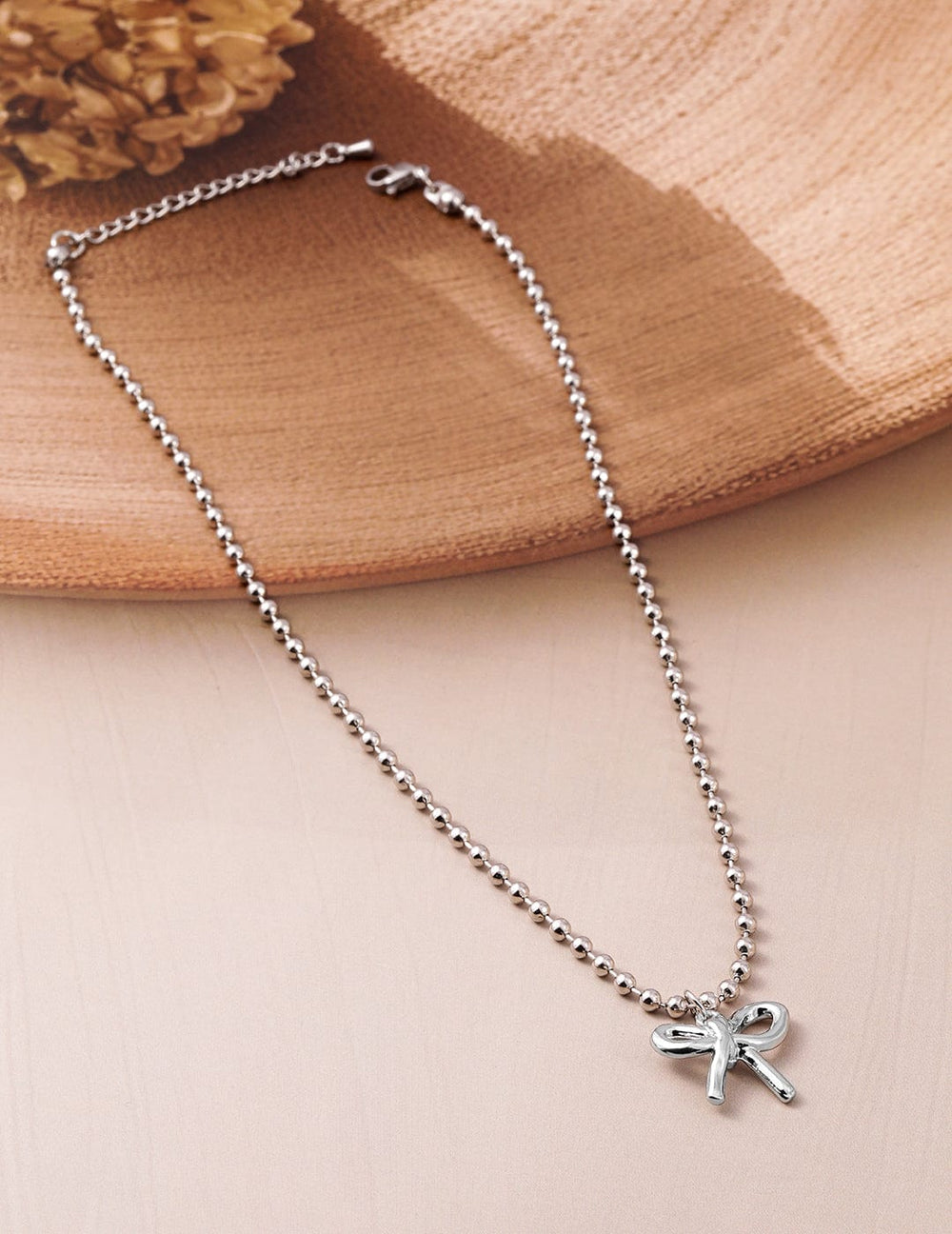 Rhodium Plated Silver Beaded Chain Necklace with Minimalist Bow Pendant Necklace and Chains