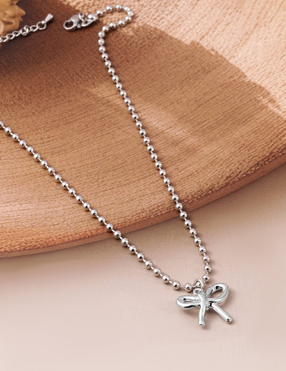 Rhodium Plated Silver Beaded Chain Necklace with Minimalist Bow Pendant Necklace and Chains