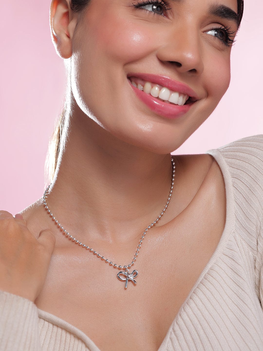 Rhodium Plated Silver Beaded Chain Necklace with Minimalist Bow Pendant Necklace and Chains