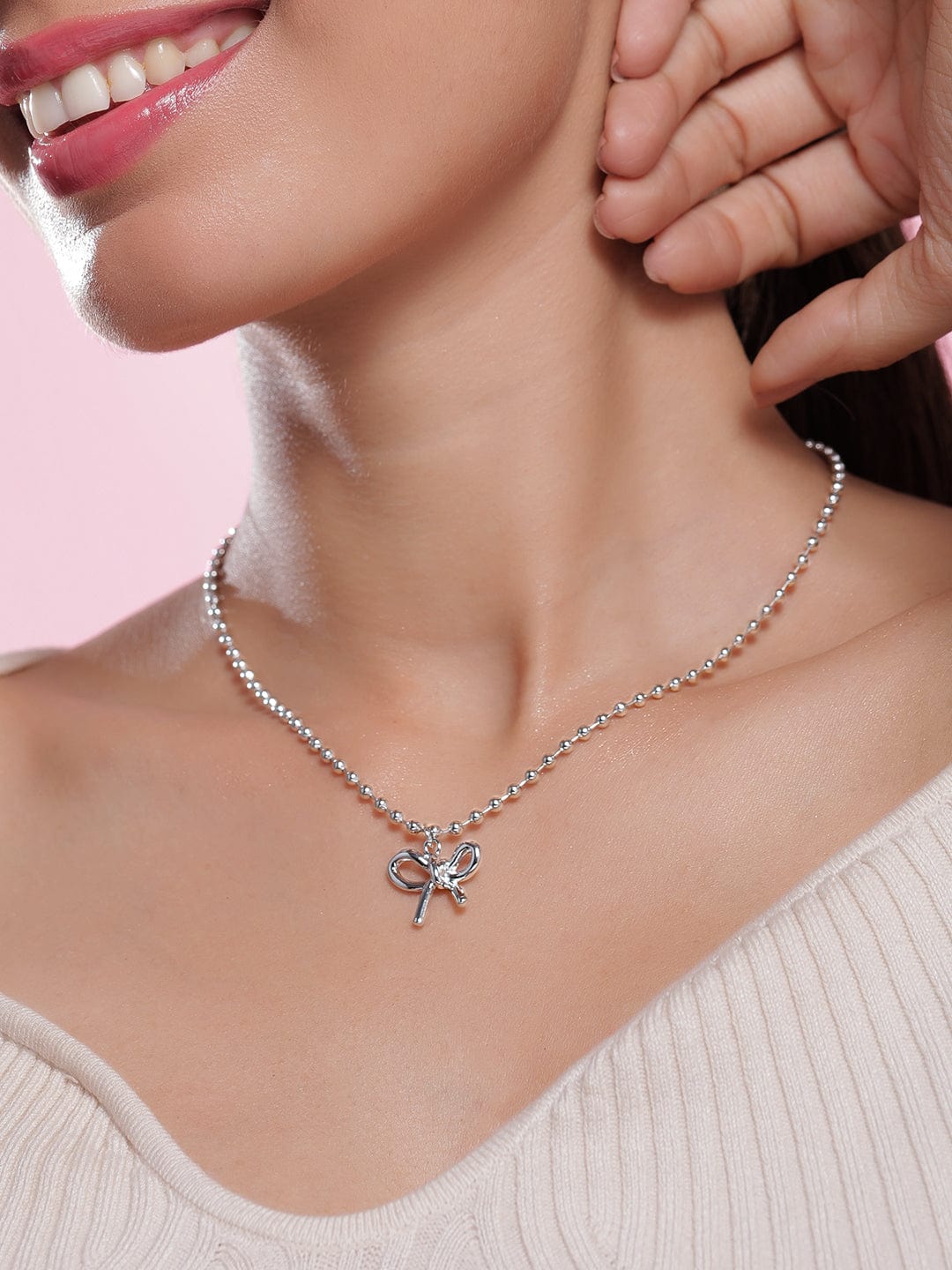 Rhodium Plated Silver Beaded Chain Necklace with Minimalist Bow Pendant Necklace and Chains