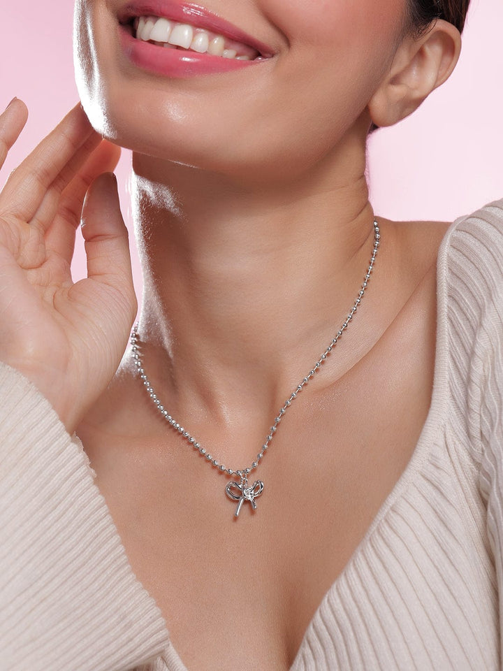 Rhodium Plated Silver Beaded Chain Necklace with Minimalist Bow Pendant Necklace and Chains