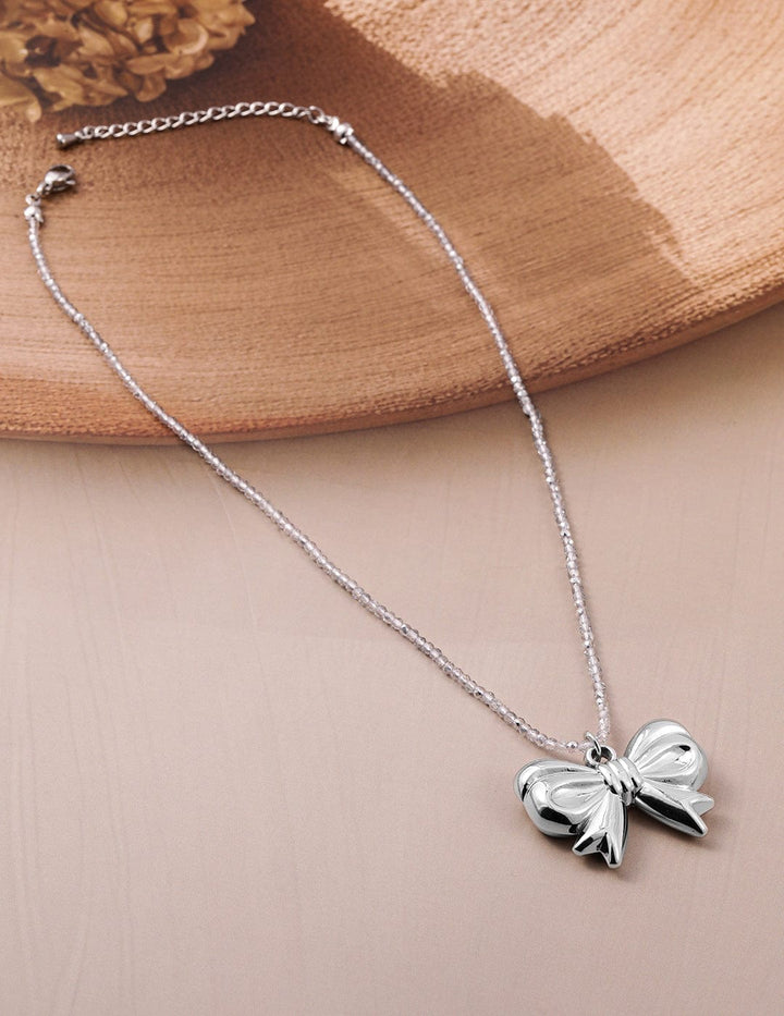 Rhodium Plated Silver Bow Pendant Necklace with Crystal Beaded Chain Necklace and Chains