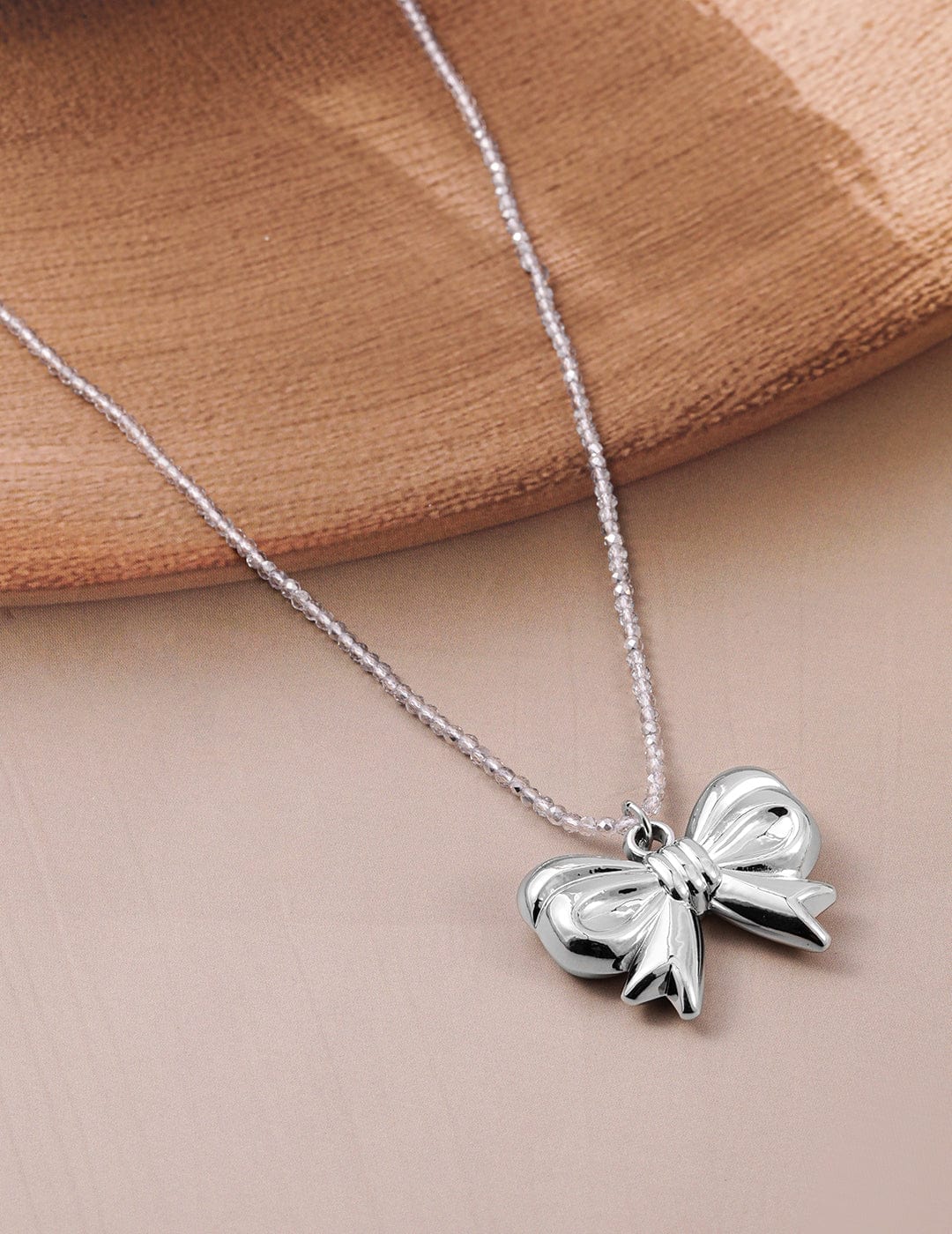 Rhodium Plated Silver Bow Pendant Necklace with Crystal Beaded Chain Necklace and Chains