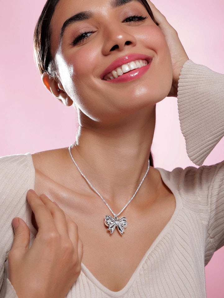 Rhodium Plated Silver Bow Pendant Necklace with Crystal Beaded Chain Necklace and Chains