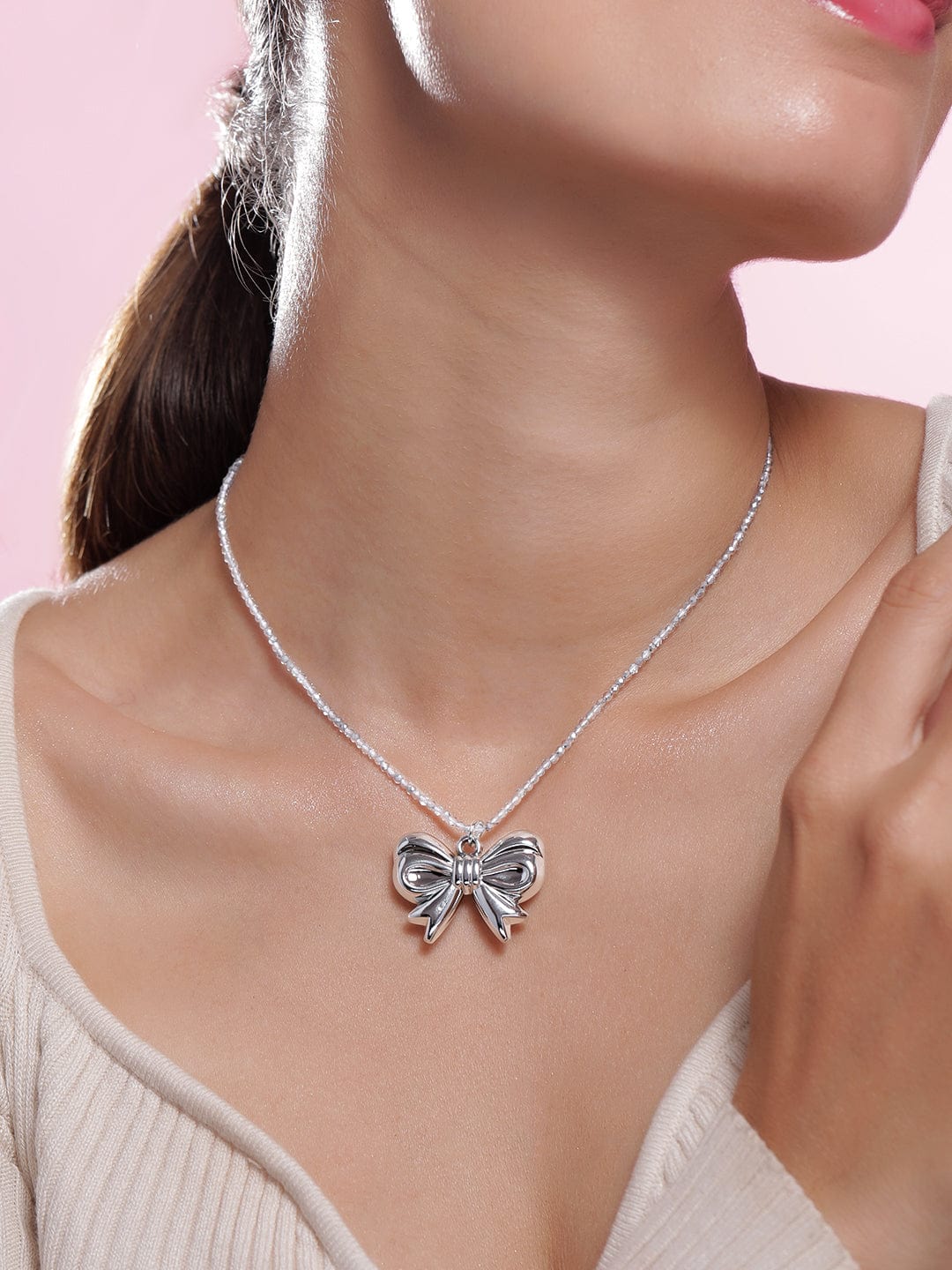 Rhodium Plated Silver Bow Pendant Necklace with Crystal Beaded Chain Necklace and Chains