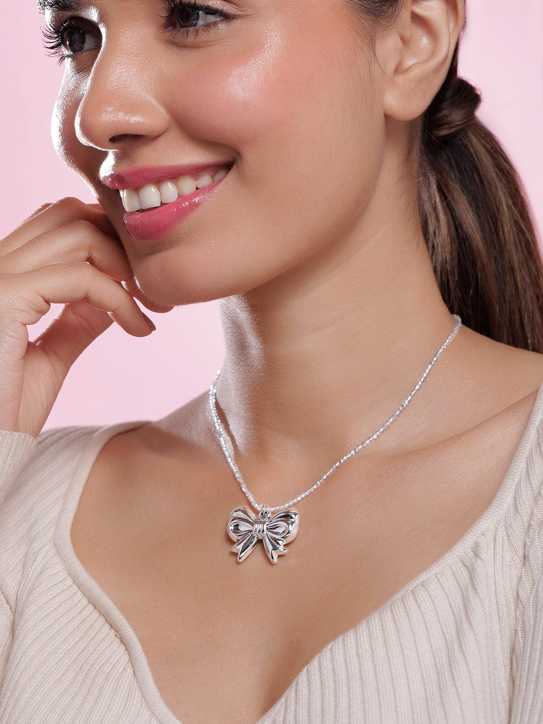 Rhodium Plated Silver Bow Pendant Necklace with Crystal Beaded Chain Necklace and Chains