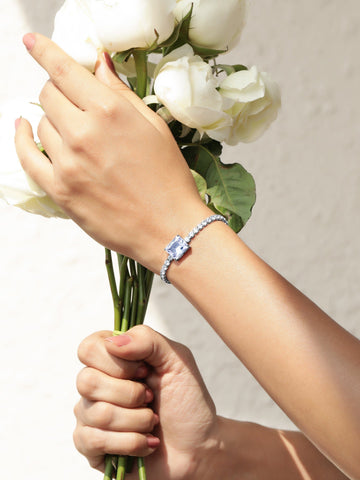 Rhodium-Plated Square Cut Sparkling Zircon-Studded Bracelet Bangles & Bracelets