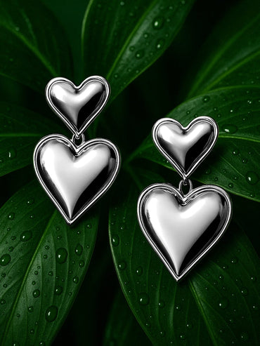 Rhodium-Plated Stainless Steel Tarnish-Free Waterproof Dual Heart Earrings Drop Earrings