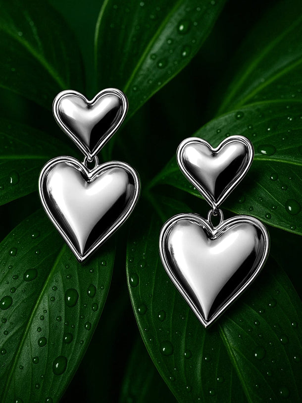 Rhodium-Plated Stainless Steel Tarnish-Free Waterproof Dual Heart Earrings Drop Earrings