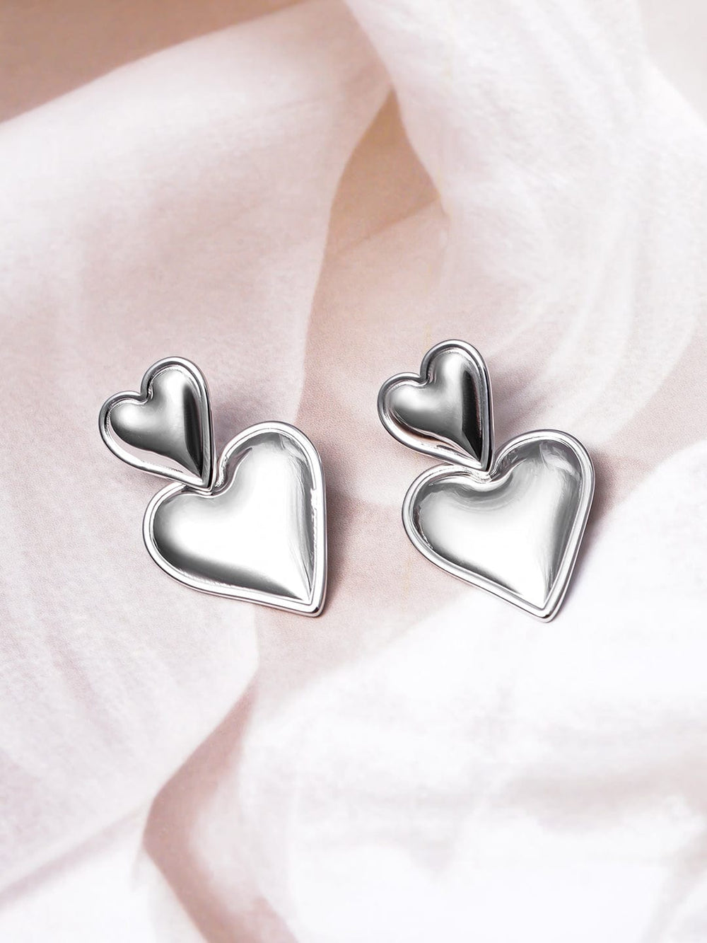 Rhodium-Plated Stainless Steel Tarnish-Free Waterproof Dual Heart Earrings Drop Earrings