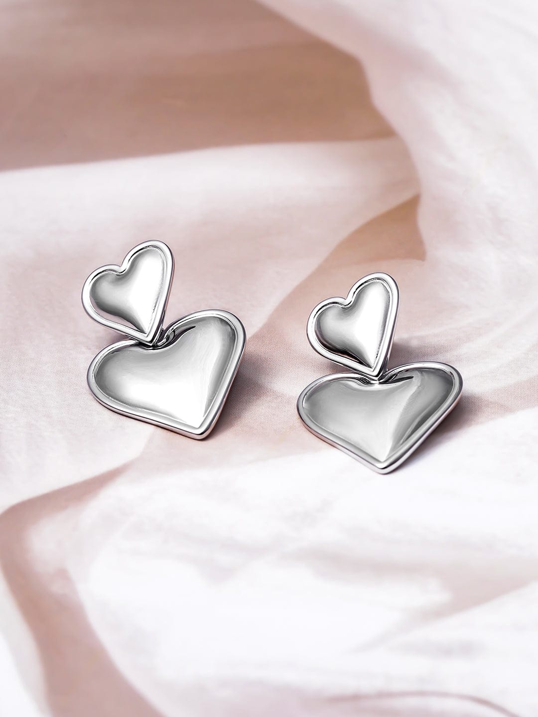 Rhodium-Plated Stainless Steel Tarnish-Free Waterproof Dual Heart Earrings Drop Earrings