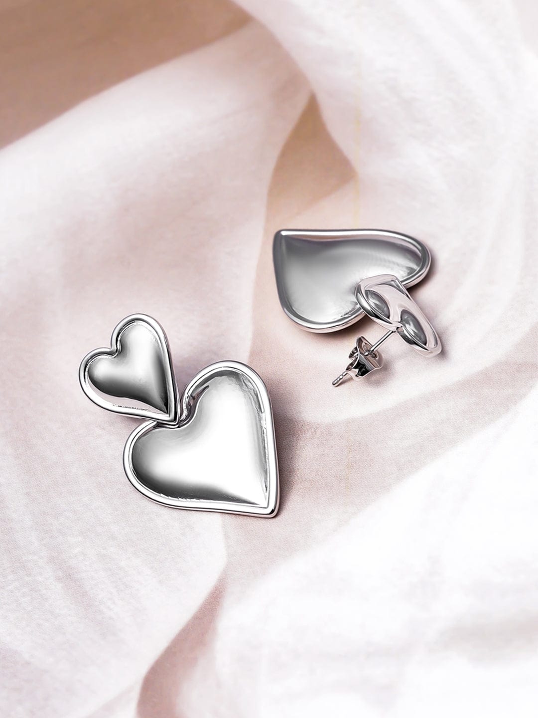 Rhodium-Plated Stainless Steel Tarnish-Free Waterproof Dual Heart Earrings Drop Earrings