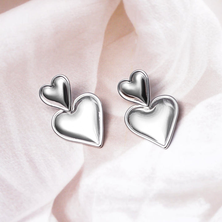 Rhodium-Plated Stainless Steel Tarnish-Free Waterproof Dual Heart Earrings Drop Earrings