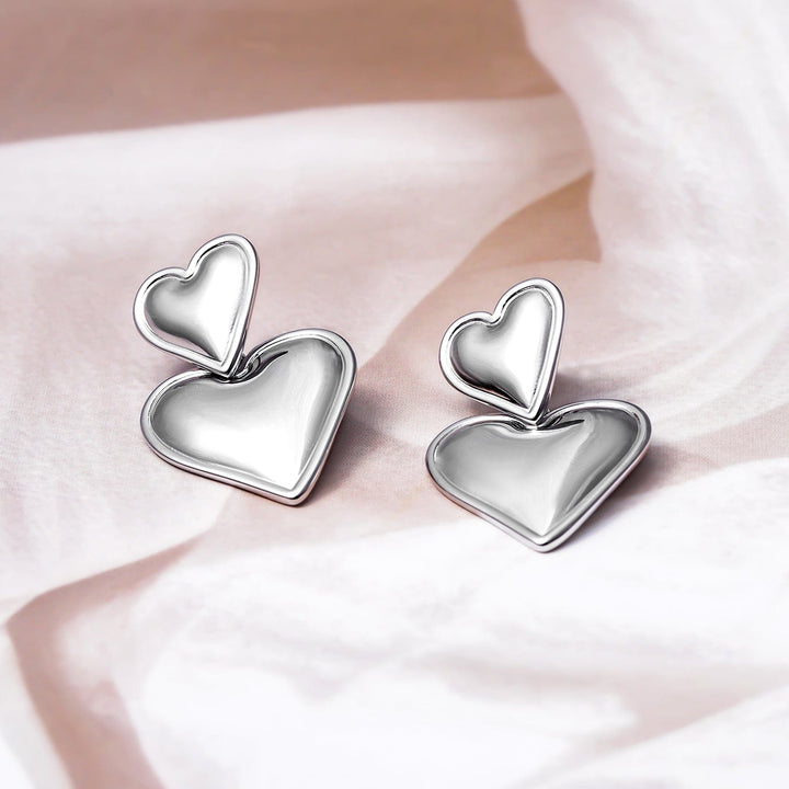 Rhodium-Plated Stainless Steel Tarnish-Free Waterproof Dual Heart Earrings Drop Earrings