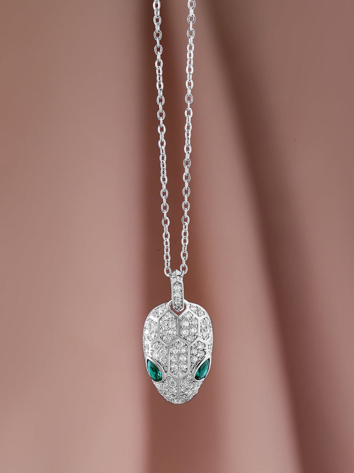 Rhodium Plated Stainless Steel Tarnish-Free Waterproof Emerald & CZ Studded Necklace Necklace & Chains