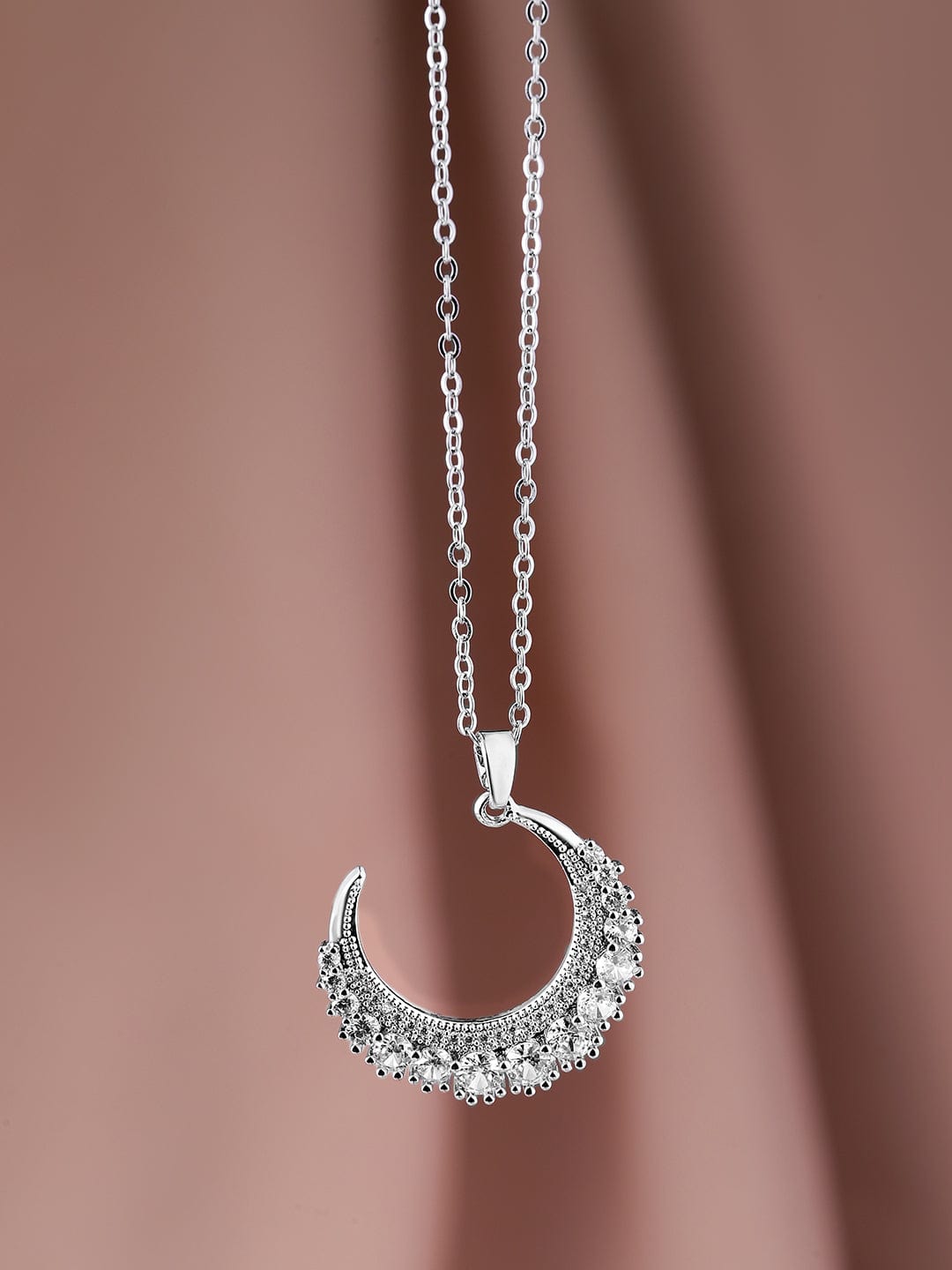 Rhodium Plated Stainless Steel Tarnish-Free Waterproof Zirconia Studded Half Moon Necklace Necklace & Chains