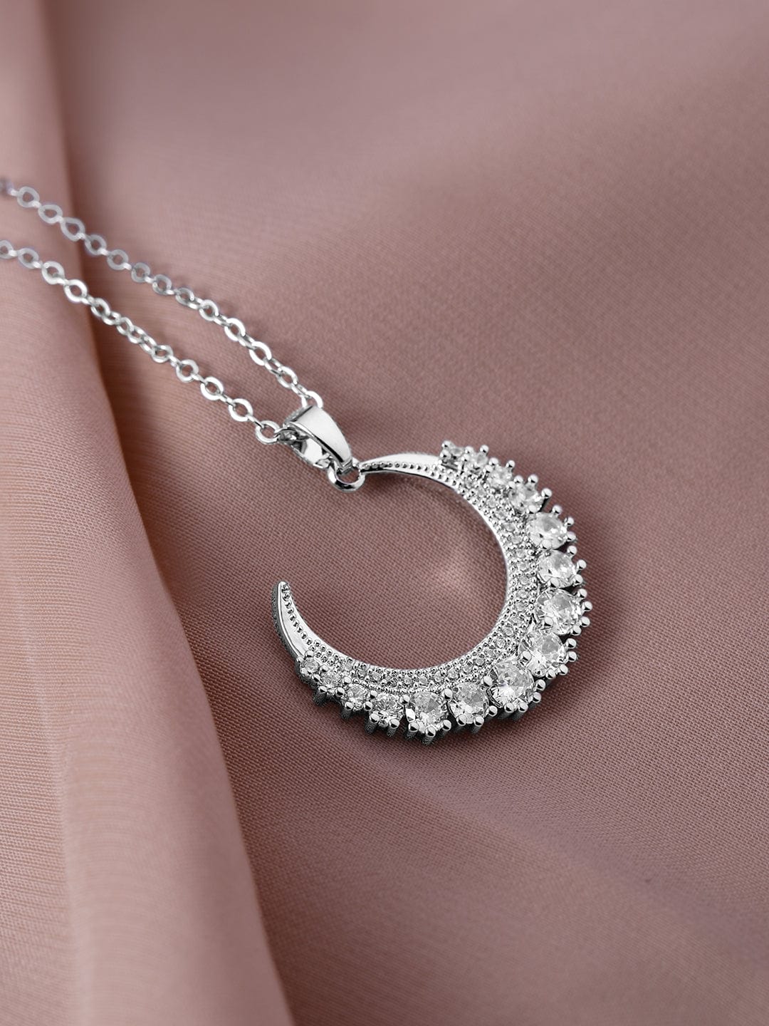 Rhodium Plated Stainless Steel Tarnish-Free Waterproof Zirconia Studded Half Moon Necklace Necklace & Chains