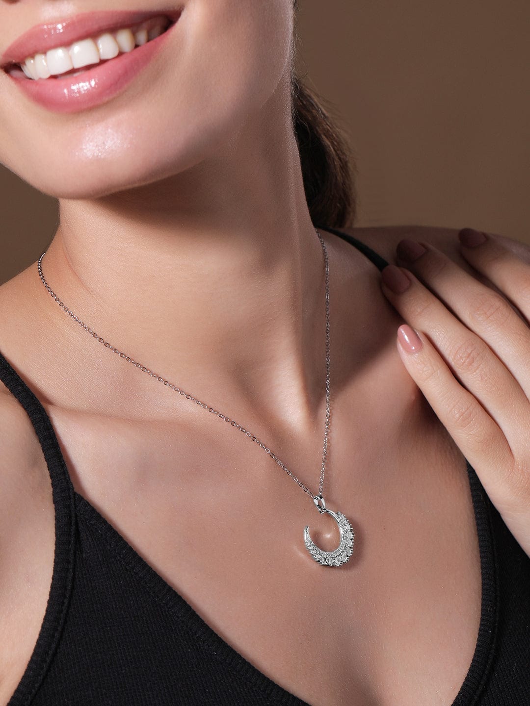 Rhodium Plated Stainless Steel Tarnish-Free Waterproof Zirconia Studded Half Moon Necklace Necklace & Chains