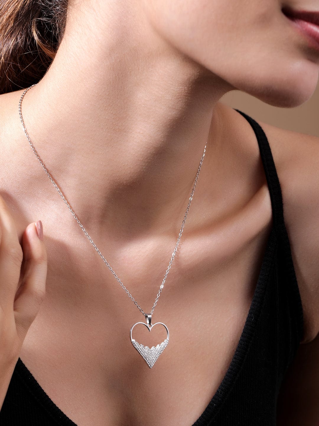 Rhodium-Plated Stainless Steel Tarnish-Free Waterproof Zirconia Studded Heart Pendant Necklace & Chains