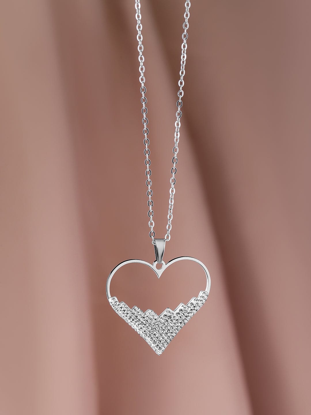 Rhodium-Plated Stainless Steel Tarnish-Free Waterproof Zirconia Studded Heart Pendant Necklace & Chains