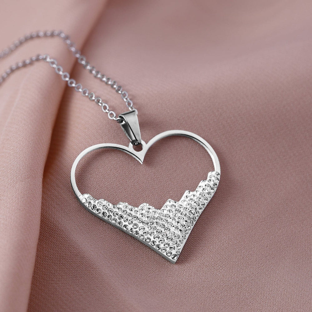 Rhodium-Plated Stainless Steel Tarnish-Free Waterproof Zirconia Studded Heart Pendant Necklace & Chains