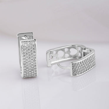 Rhodium Plated Stainless Steel Tarnish-Free Waterproof Zirconia Studded Silver Tone Hoop Earrings Hoop Earrings