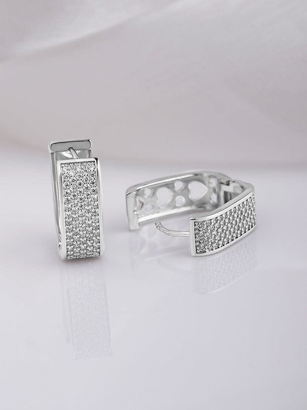 Rhodium Plated Stainless Steel Tarnish-Free Waterproof Zirconia Studded Silver Tone Hoop Earrings Hoop Earrings